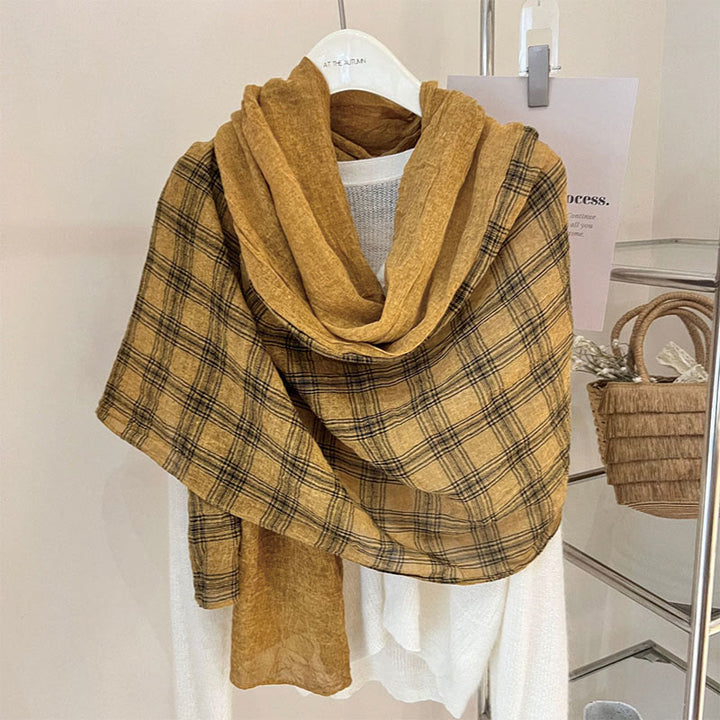 Bufanda fina de cuadros con empalmes de lino suave para primavera