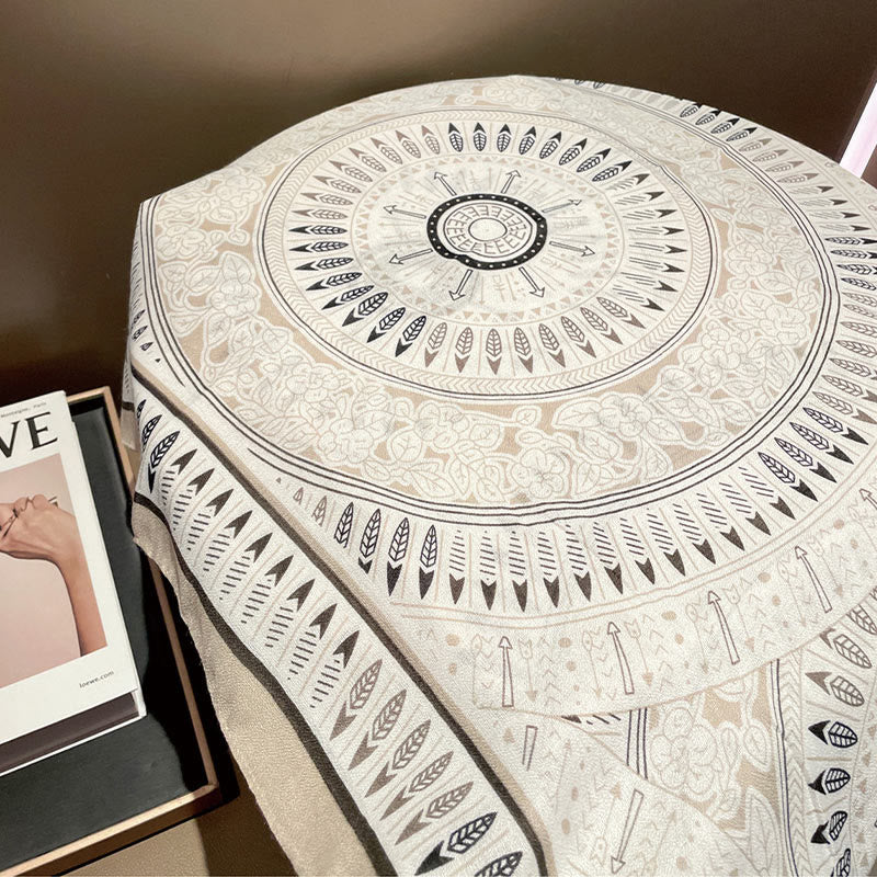 Bufanda fina de algodón y lino con estampado artístico étnico blanco