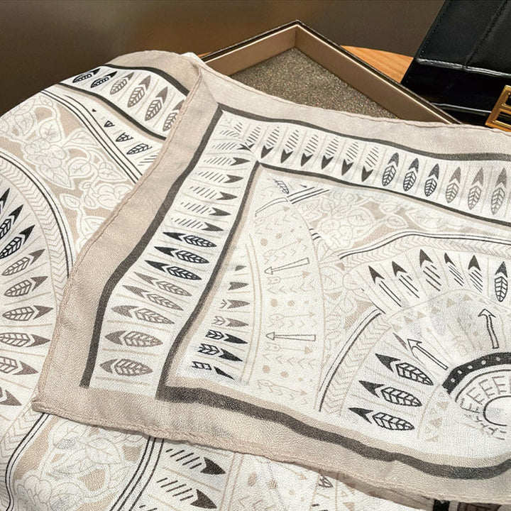 Bufanda fina de algodón y lino con estampado artístico étnico blanco