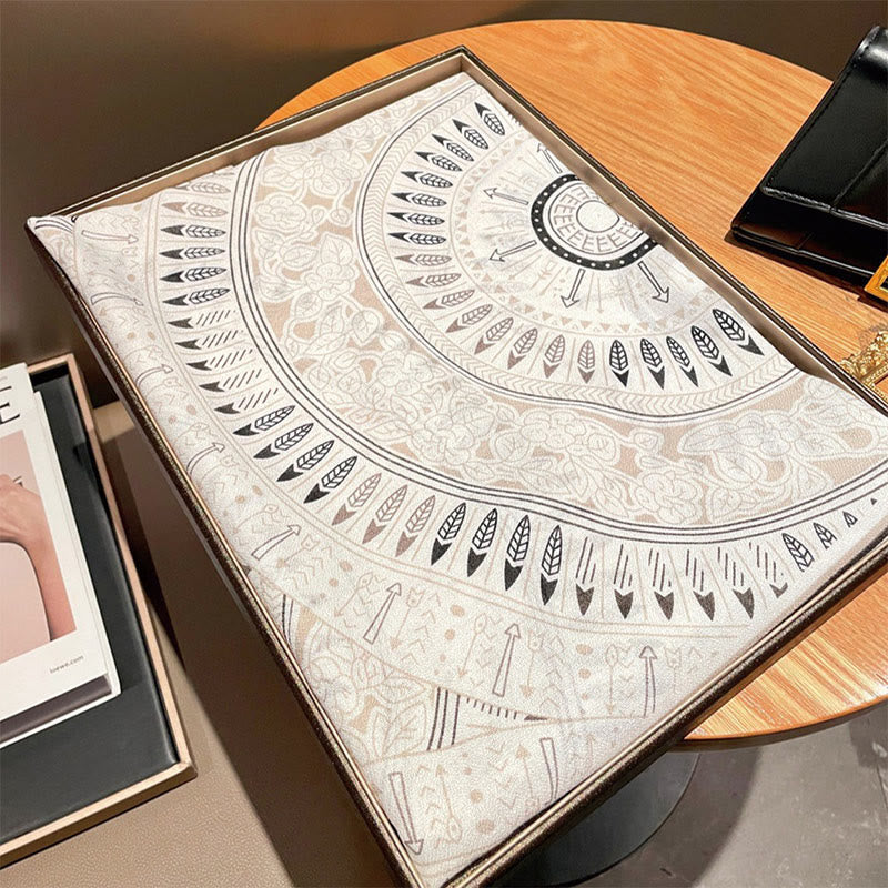 Bufanda fina de algodón y lino con estampado artístico étnico blanco