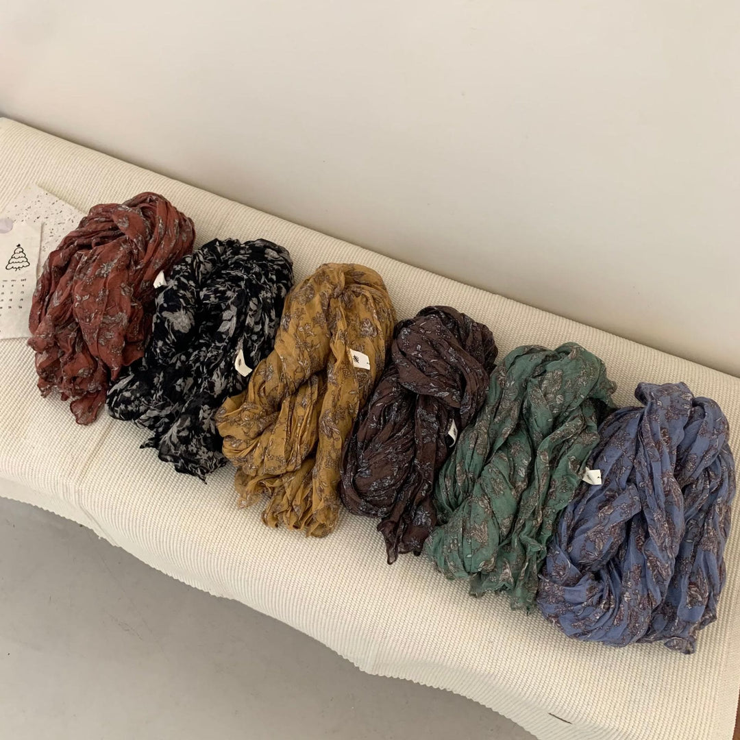 Bufanda fina de lino y algodón con estampado plisado vintage