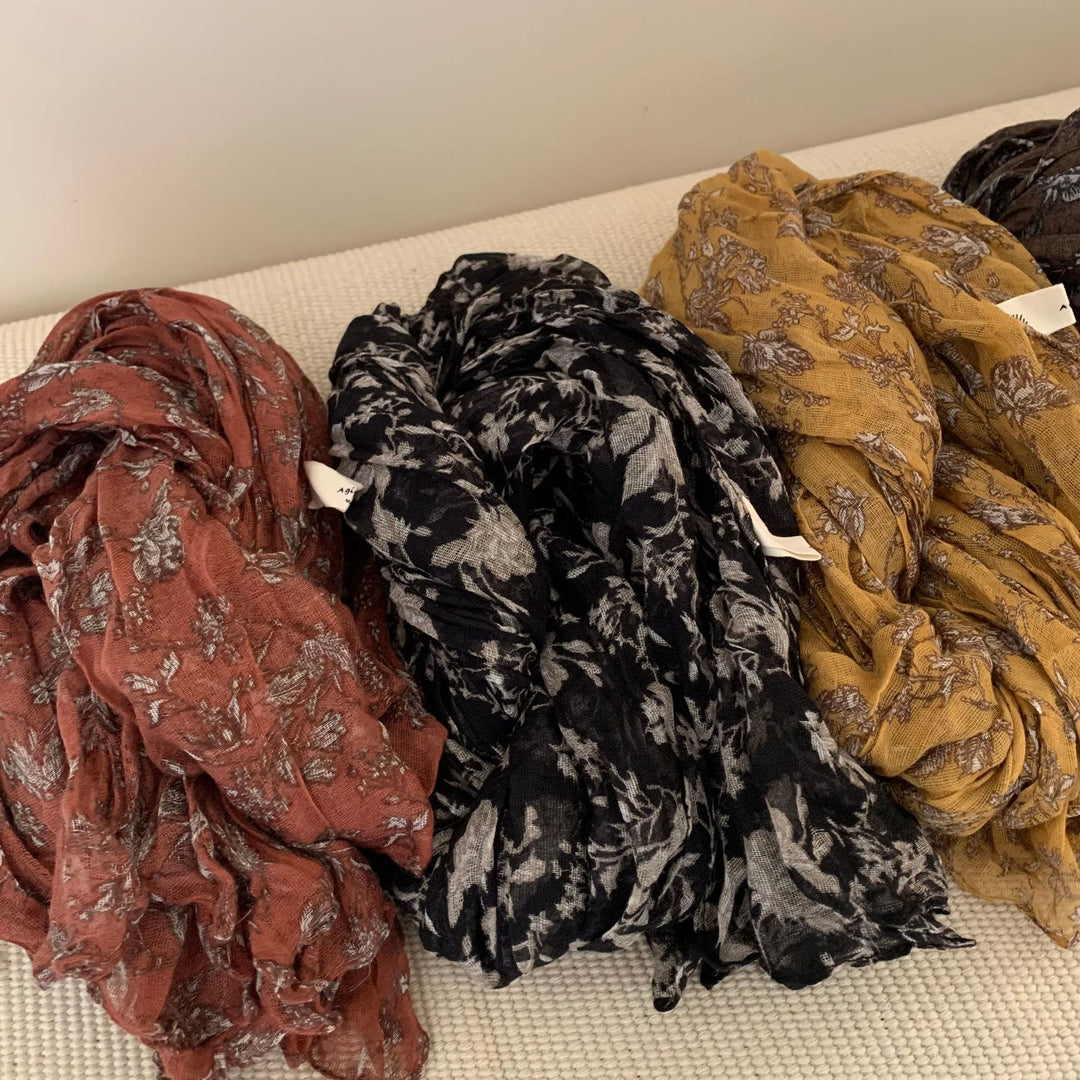 Bufanda fina de lino y algodón con estampado plisado vintage