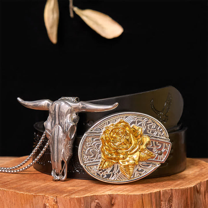 Conjunto de colgante de toro de cuernos largos con hebilla de cinturón con cuchillo oculto de oro y plata