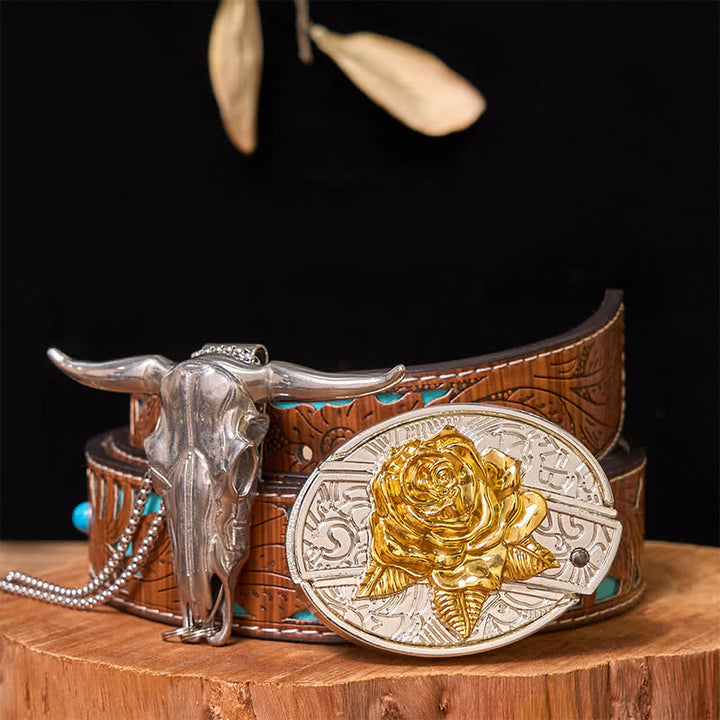 Conjunto de colgante de toro de cuernos largos con hebilla de cinturón con cuchillo oculto de oro y plata