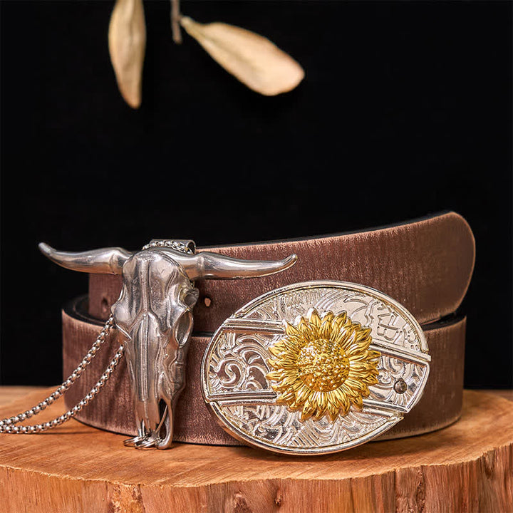 Conjunto de colgante de toro de cuernos largos con hebilla de cinturón con cuchillo oculto de oro y plata