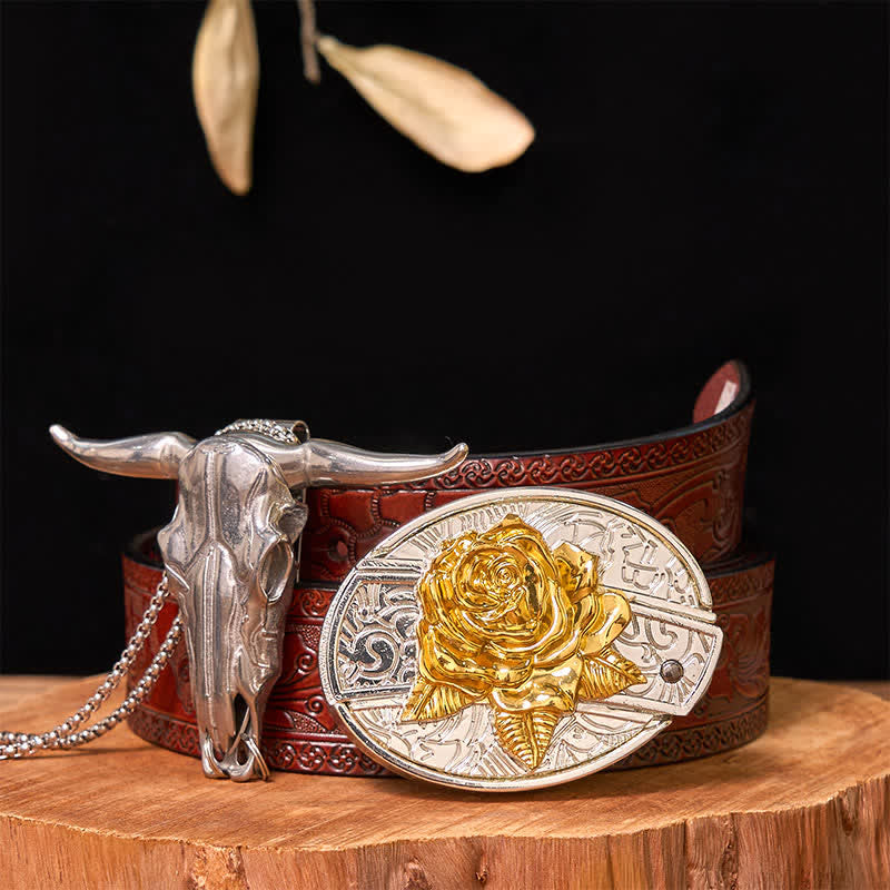 Conjunto de colgante de toro de cuernos largos con hebilla de cinturón con cuchillo oculto de oro y plata