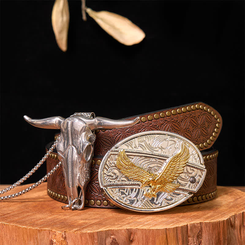 Conjunto de colgante de toro de cuernos largos con hebilla de cinturón con cuchillo oculto de oro y plata