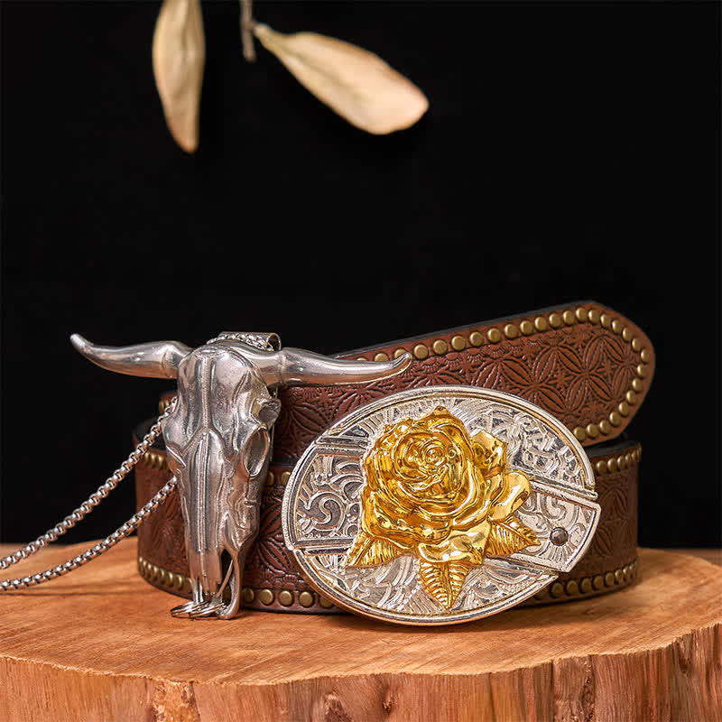 Conjunto de colgante de toro de cuernos largos con hebilla de cinturón con cuchillo oculto de oro y plata