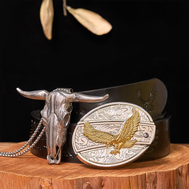 Conjunto de colgante de toro de cuernos largos con hebilla de cinturón con cuchillo oculto de oro y plata
