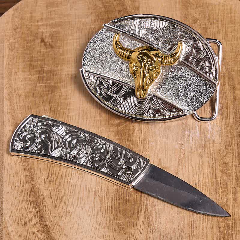 Conjunto de colgante de toro de cuernos largos con hebilla de cinturón con cuchillo oculto de oro y plata