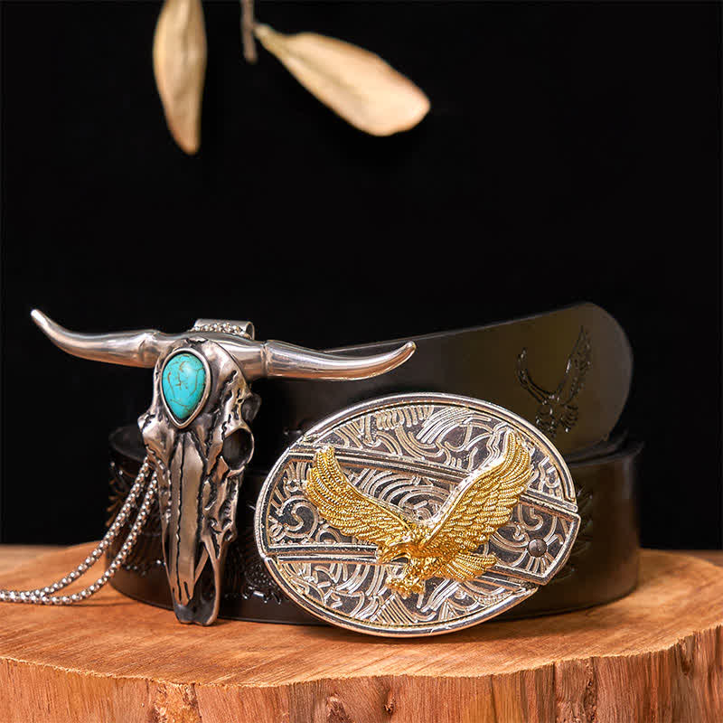 Hebilla de cinturón con cuchillo oculto de oro y plata, conjunto de colgante de cuerno largo turquesa