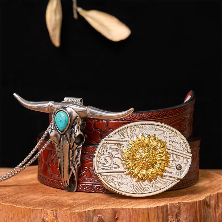 Hebilla de cinturón con cuchillo oculto de oro y plata, conjunto de colgante de cuerno largo turquesa