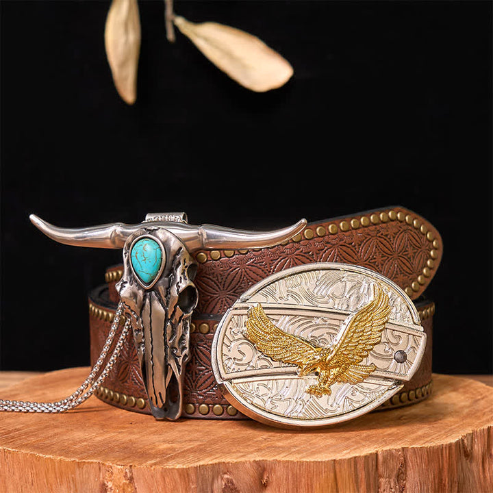 Hebilla de cinturón con cuchillo oculto de oro y plata, conjunto de colgante de cuerno largo turquesa
