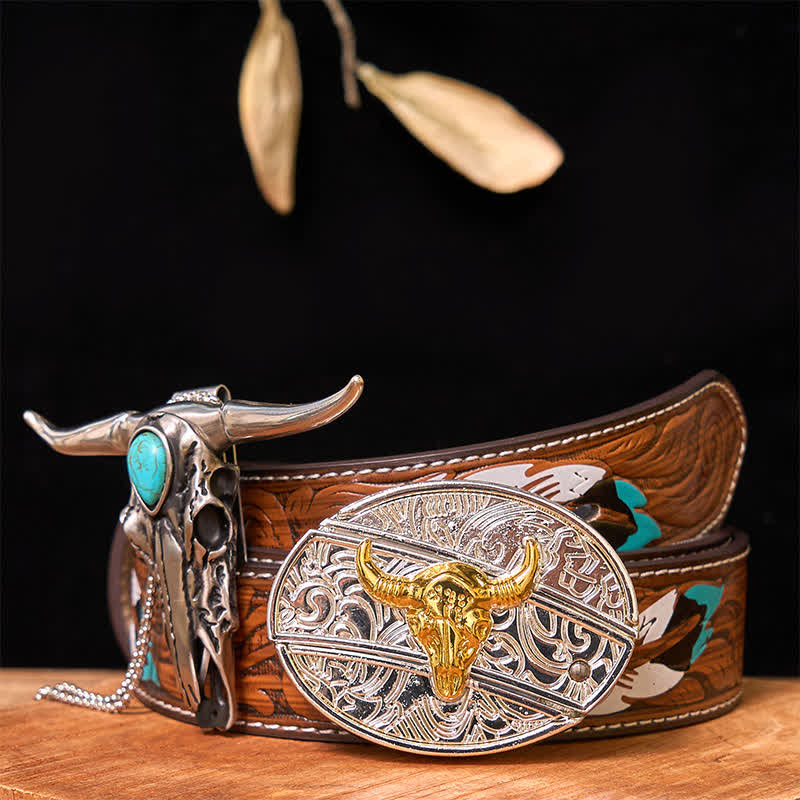 Hebilla de cinturón con cuchillo oculto de oro y plata, conjunto de colgante de cuerno largo turquesa