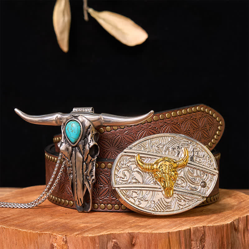 Hebilla de cinturón con cuchillo oculto de oro y plata, conjunto de colgante de cuerno largo turquesa