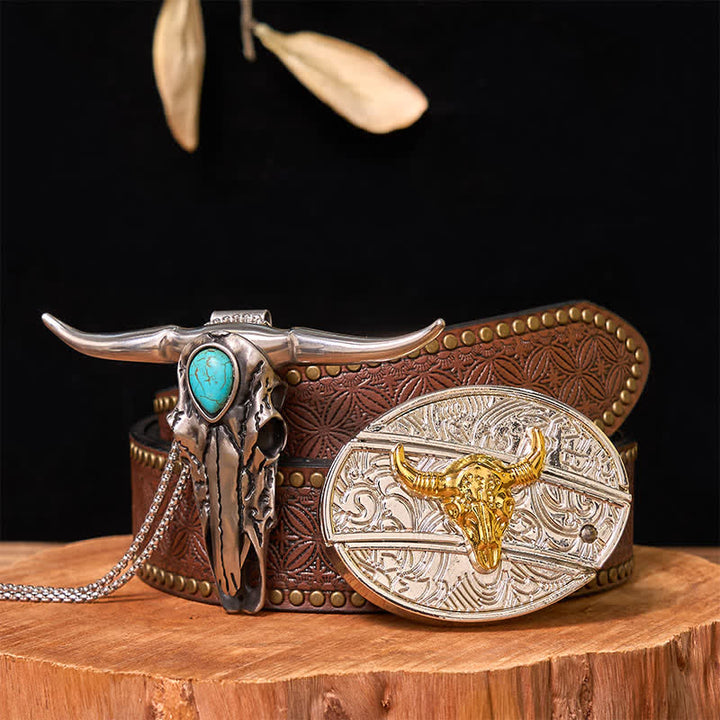 Hebilla de cinturón con cuchillo oculto de oro y plata, conjunto de colgante de cuerno largo turquesa