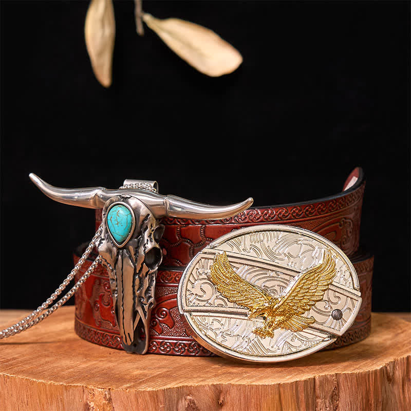 Hebilla de cinturón con cuchillo oculto de oro y plata, conjunto de colgante de cuerno largo turquesa