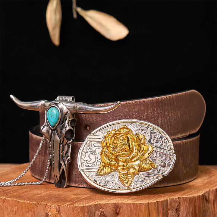 Hebilla de cinturón con cuchillo oculto de oro y plata, conjunto de colgante de cuerno largo turquesa