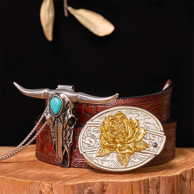Hebilla de cinturón con cuchillo oculto de oro y plata, conjunto de colgante de cuerno largo turquesa