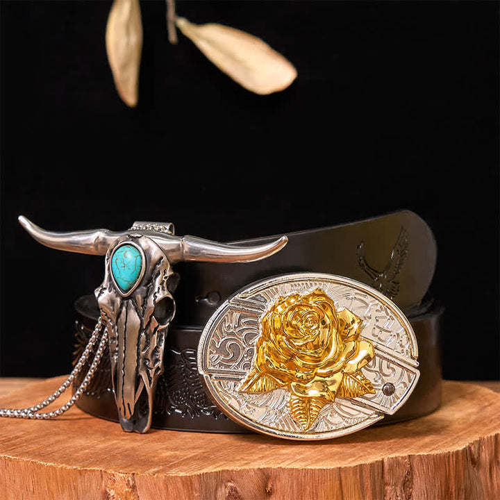 Hebilla de cinturón con cuchillo oculto de oro y plata, conjunto de colgante de cuerno largo turquesa