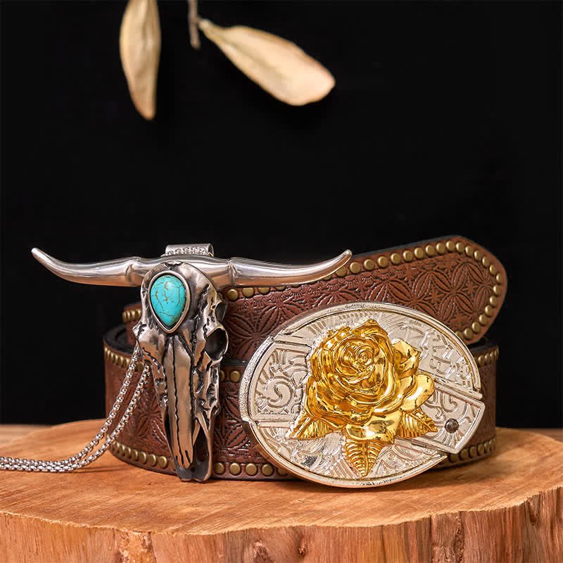 Hebilla de cinturón con cuchillo oculto de oro y plata, conjunto de colgante de cuerno largo turquesa