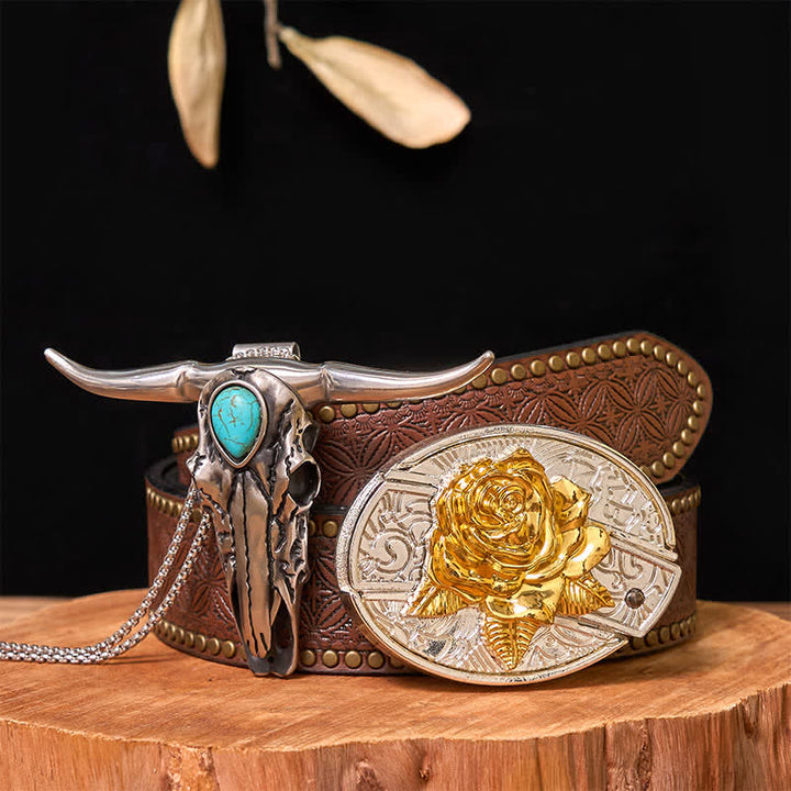 Hebilla de cinturón con cuchillo oculto de oro y plata, conjunto de colgante de cuerno largo turquesa
