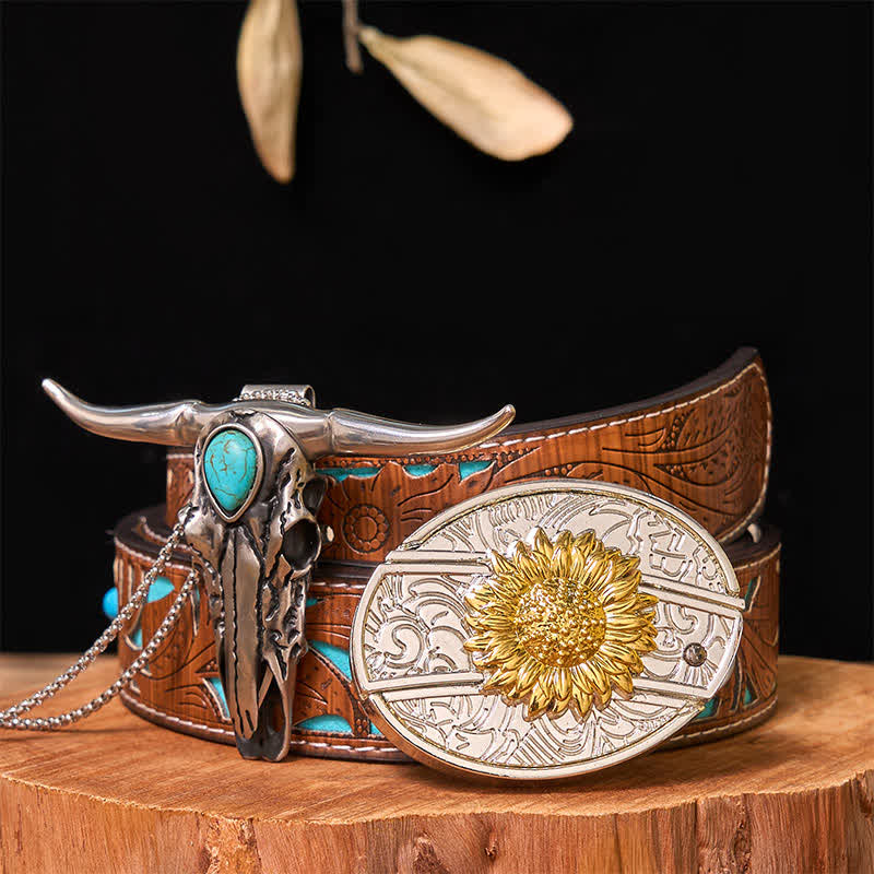 Hebilla de cinturón con cuchillo oculto de oro y plata, conjunto de colgante de cuerno largo turquesa