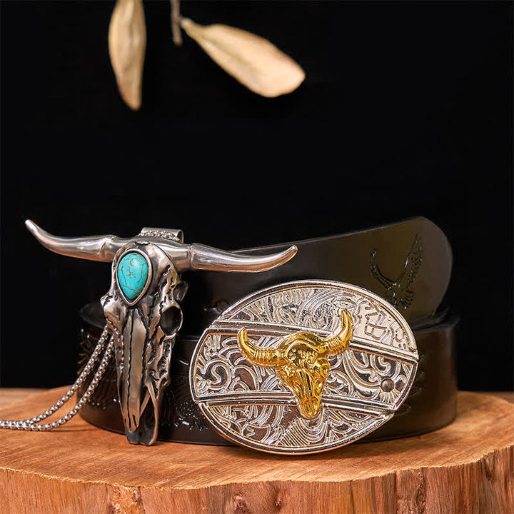 Hebilla de cinturón con cuchillo oculto de oro y plata, conjunto de colgante de cuerno largo turquesa