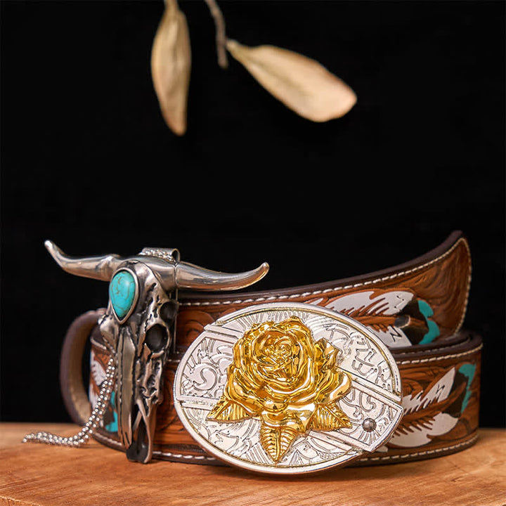 Hebilla de cinturón con cuchillo oculto de oro y plata, conjunto de colgante de cuerno largo turquesa