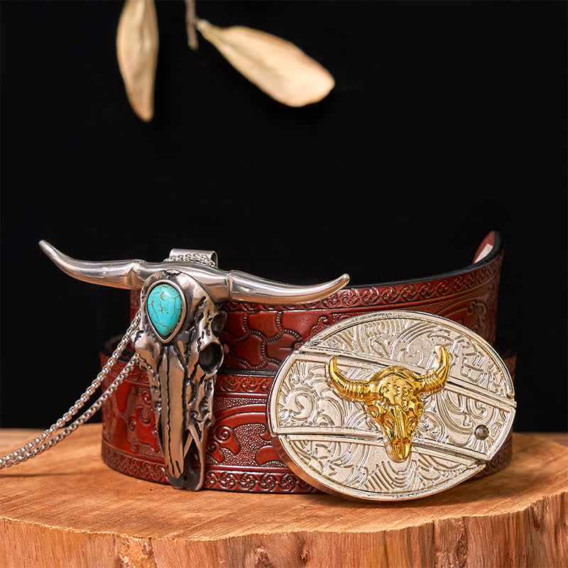 Hebilla de cinturón con cuchillo oculto de oro y plata, conjunto de colgante de cuerno largo turquesa