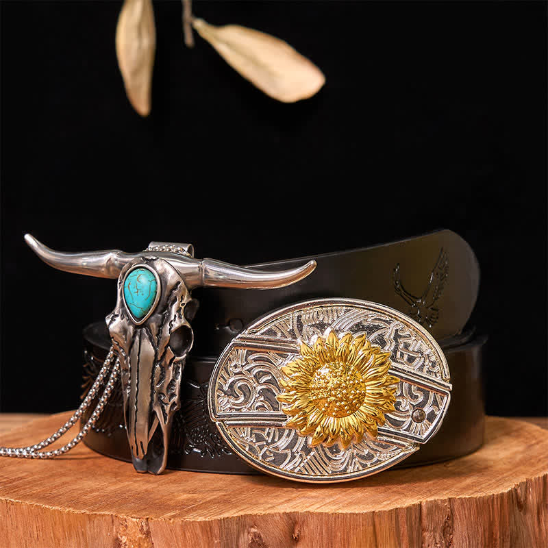 Hebilla de cinturón con cuchillo oculto de oro y plata, conjunto de colgante de cuerno largo turquesa
