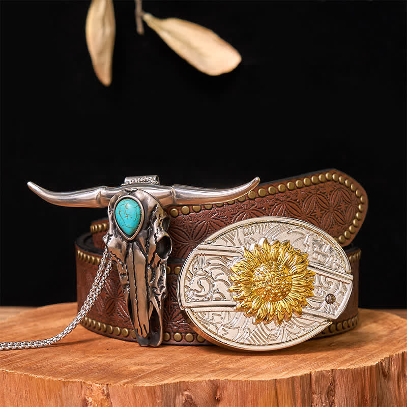 Hebilla de cinturón con cuchillo oculto de oro y plata, conjunto de colgante de cuerno largo turquesa