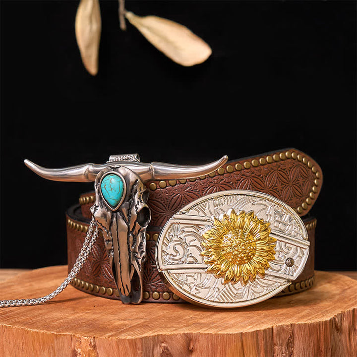 Hebilla de cinturón con cuchillo oculto de oro y plata, conjunto de colgante de cuerno largo turquesa