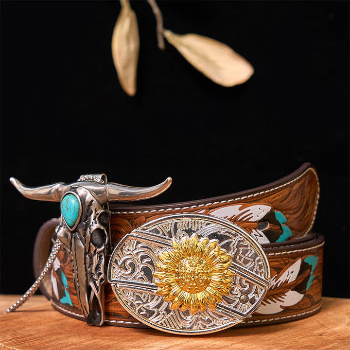 Hebilla de cinturón con cuchillo oculto de oro y plata, conjunto de colgante de cuerno largo turquesa