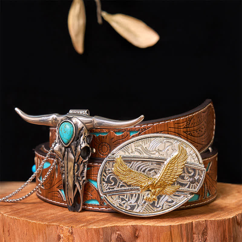 Hebilla de cinturón con cuchillo oculto de oro y plata, conjunto de colgante de cuerno largo turquesa