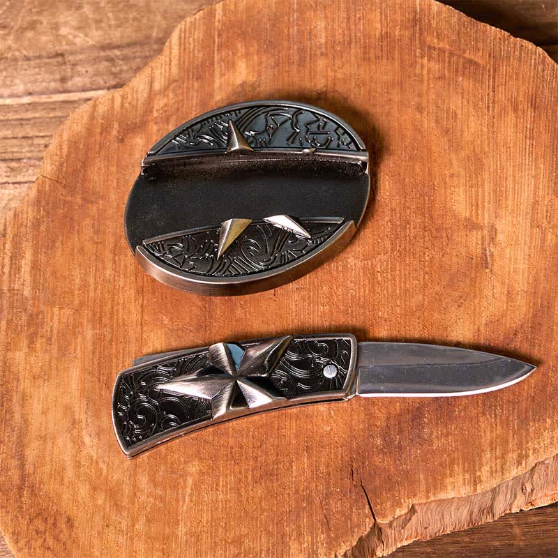 Conjunto de colgante de cuerno largo turquesa con hebilla de cinturón y cuchillo oculto de estrella DIY