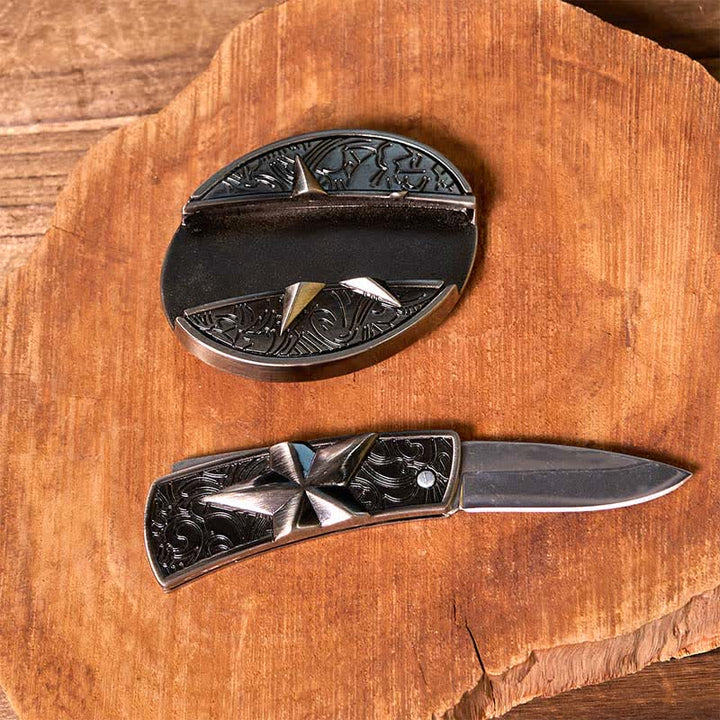 Conjunto de colgante de cuerno largo turquesa con hebilla de cinturón y cuchillo oculto de estrella DIY