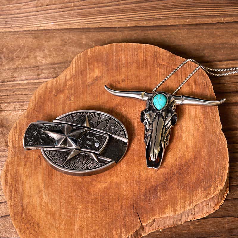 Conjunto de colgante de cuerno largo turquesa con hebilla de cinturón y cuchillo oculto de estrella DIY