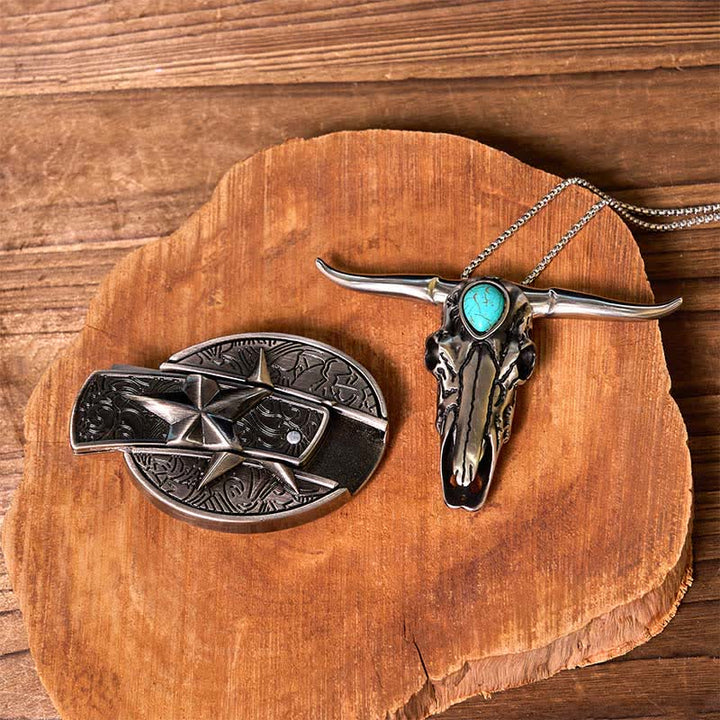 Conjunto de colgante de cuerno largo turquesa con hebilla de cinturón y cuchillo oculto de estrella DIY