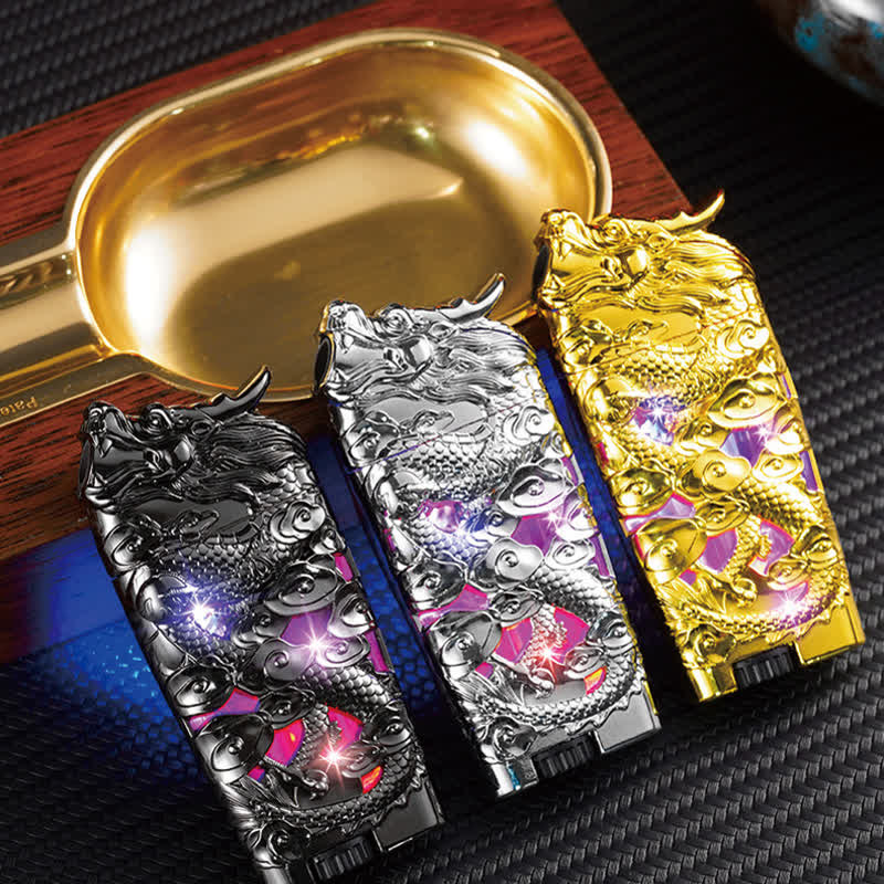 Encendedor de butano recargable con forma de dragón y luz LED