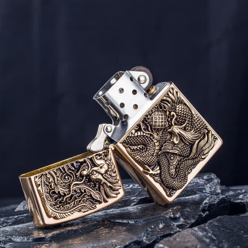 Encendedor de queroseno recargable con estampado en relieve de dragón y fénix