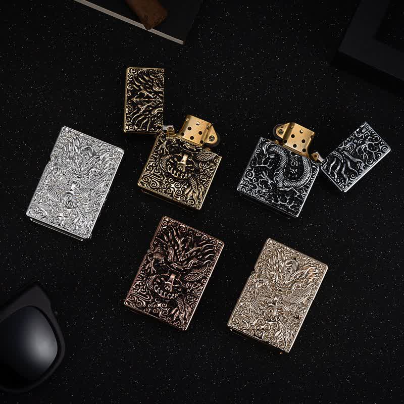 Encendedor de queroseno recargable con diseño clásico de dragón tallado