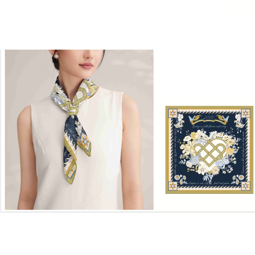 Bufanda fina de seda para mujer con motivo de las cuatro estaciones del amor