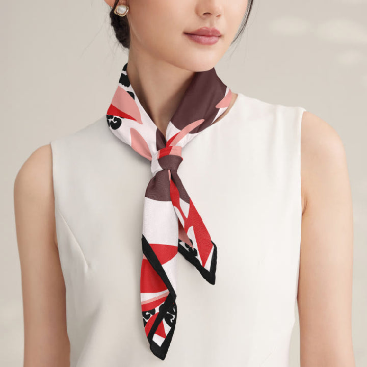 Bufanda fina de seda con estampado de hojas rojas para mujer