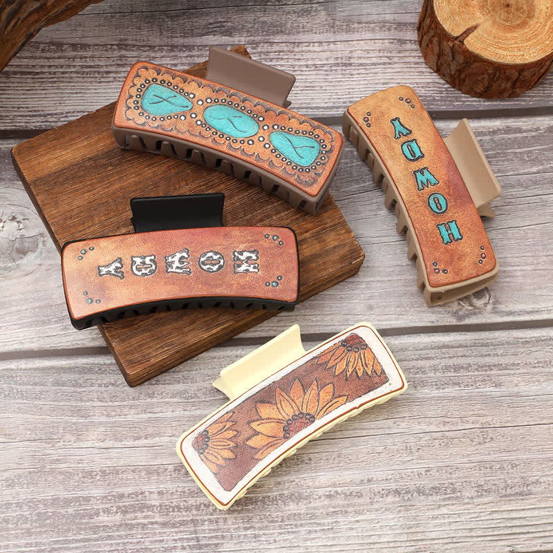 Pinza para el pelo estilo western con estampado de letras de girasol para mujer