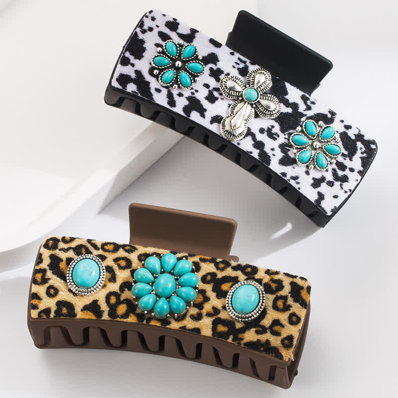 Pinza para el pelo con estampado de vaca lechera y leopardo turquesa para mujer