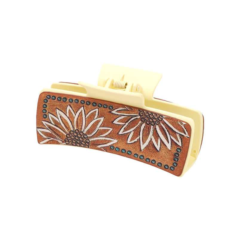 Pinza para el pelo con estampado de girasoles de piel sintética marrón para mujer