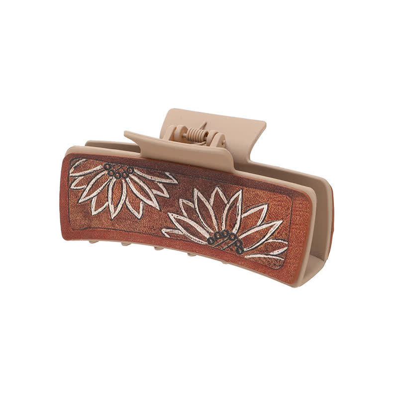 Pinza para el pelo con estampado de girasoles de piel sintética marrón para mujer