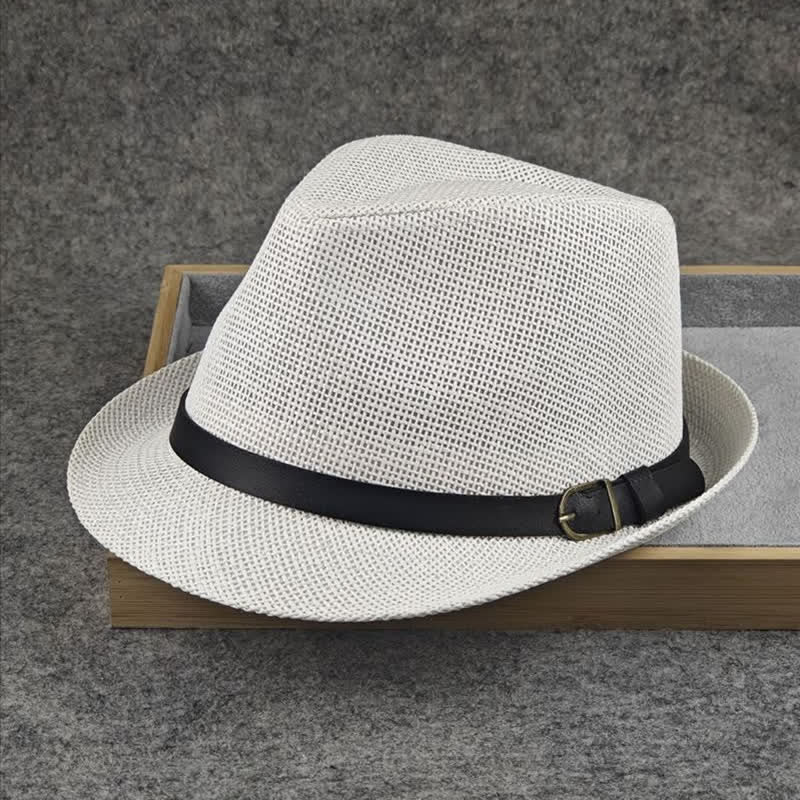 Sombrero Fedora de paja de verano con estampado de pata de gallo y cuadros escoceses británicos para hombre
