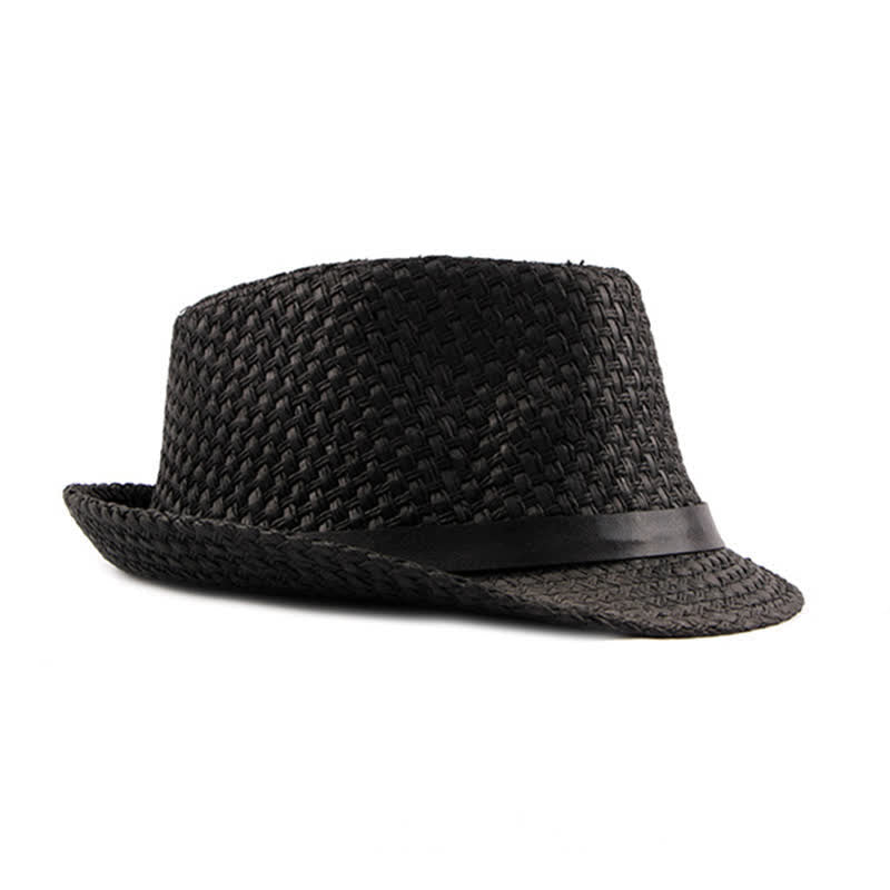 Sombrero fedora de paja para playa con decoración de banda de cuero tejido para hombre